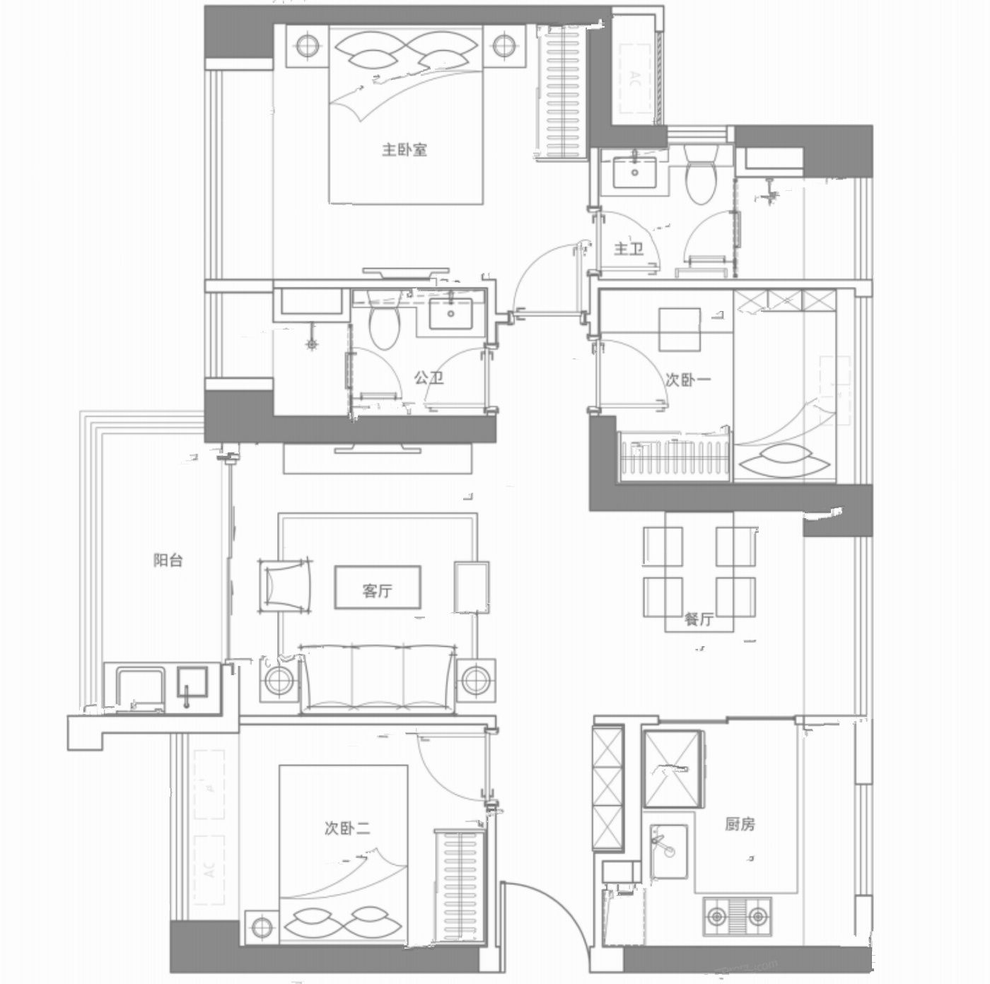 名居山河里3室2厅2卫99㎡户型图