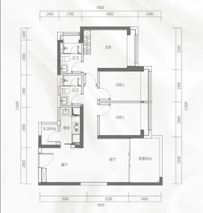 万丰海岸城锦园3室2厅2卫96㎡户型图