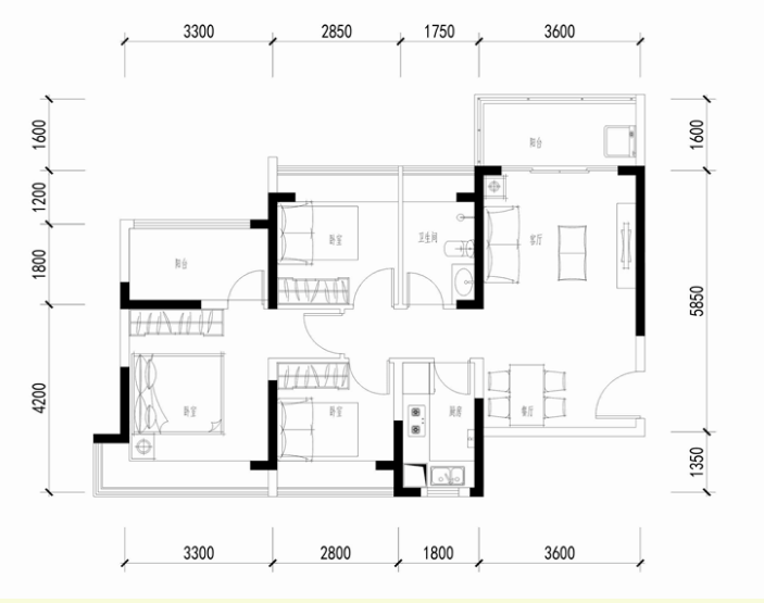 万福花园3室2厅1卫86.3㎡户型图