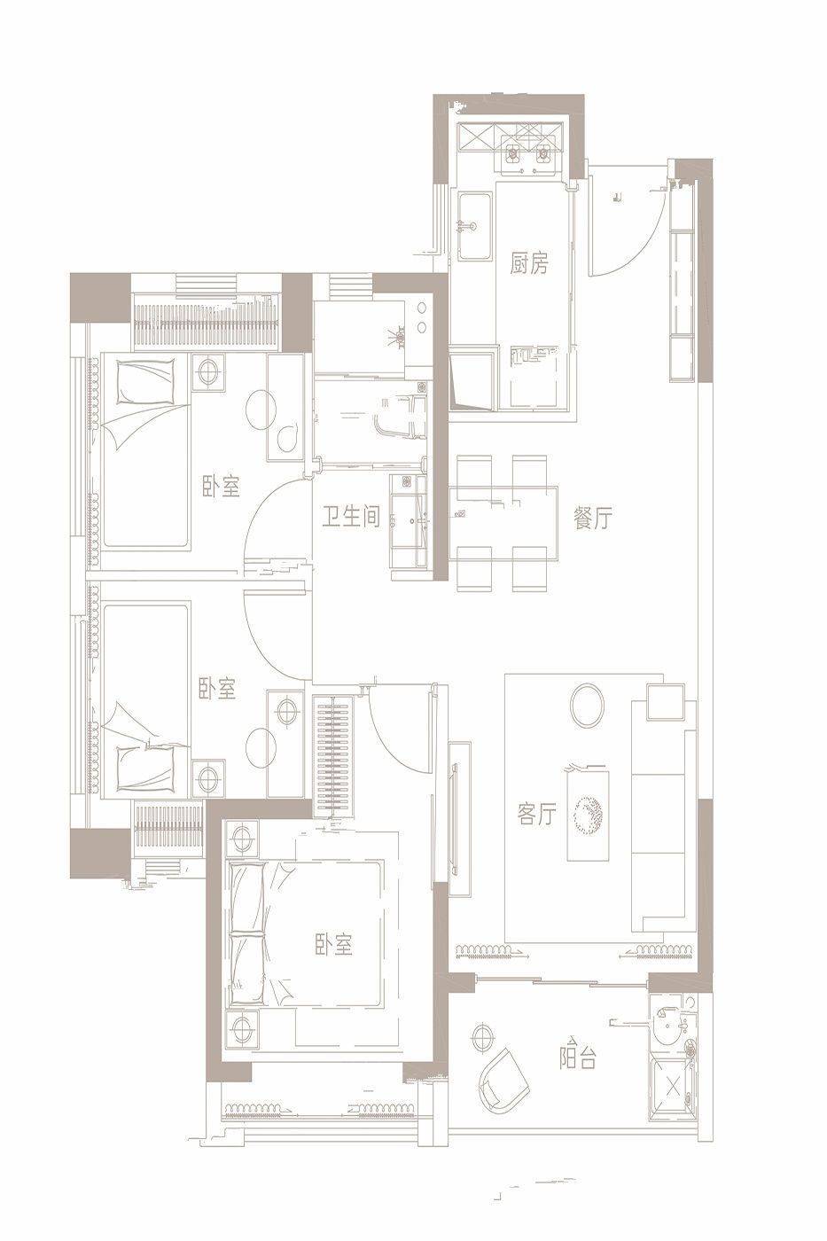 保利招商龙誉3室2厅1卫83㎡户型图