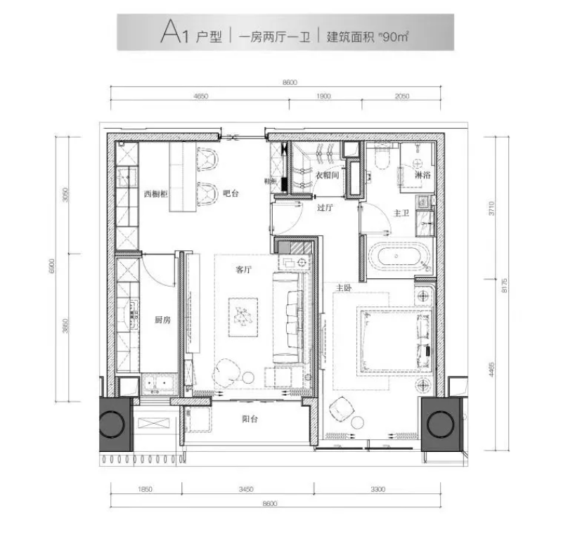 华侨城创想大厦1室2厅1卫90㎡户型图