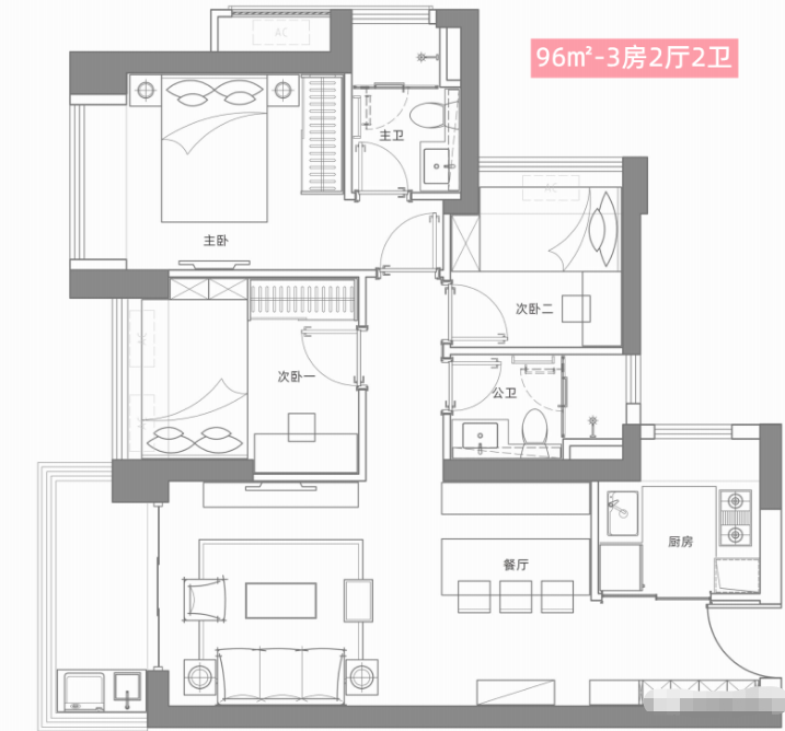 名居山河里3室2厅2卫96㎡户型图