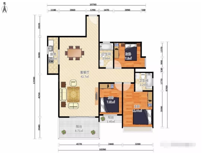 溪山君樾3室2厅2卫87㎡户型图