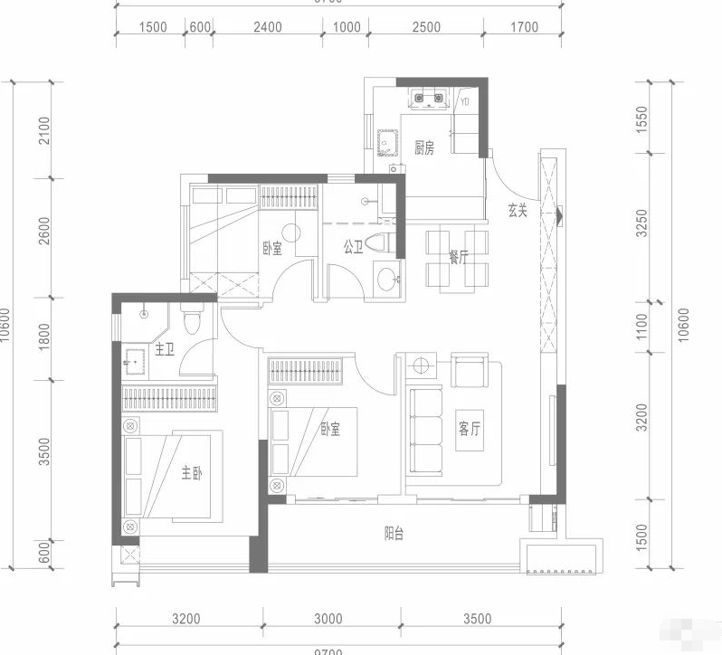 悦章凤凰里3室2厅2卫89㎡户型图